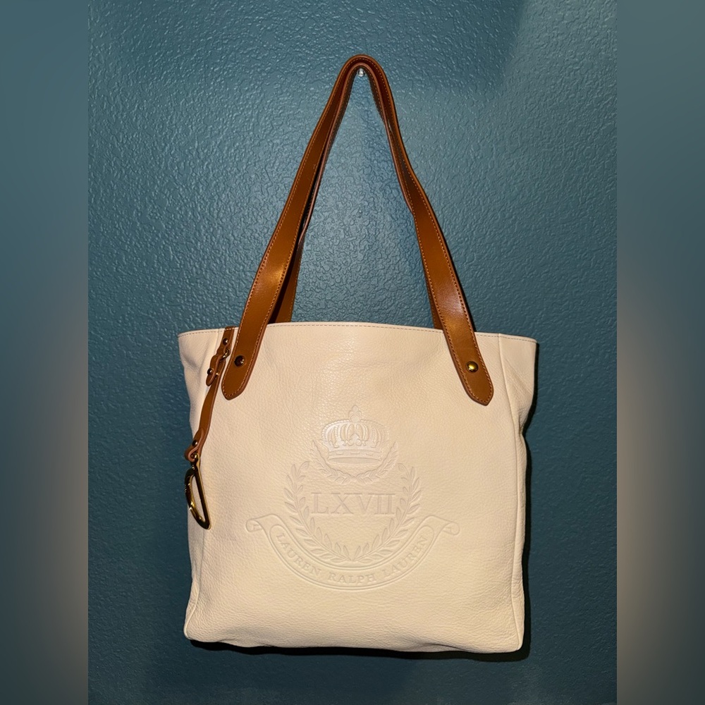 Lauren Ralph Lauren Pebbled Leather Crest Tote – Cream/Ivory